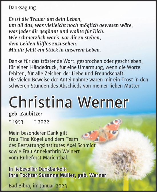 Traueranzeige von Christina Werner von Wochenspiegel Naumburg/Nebra