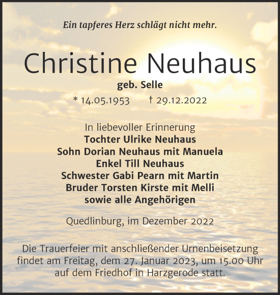 Traueranzeige von Christine Neuhaus von Trauerkombi Quedlinburg