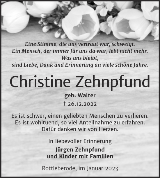 Traueranzeige von Christine Zehnpfund von Trauerkombi Sangerhausen