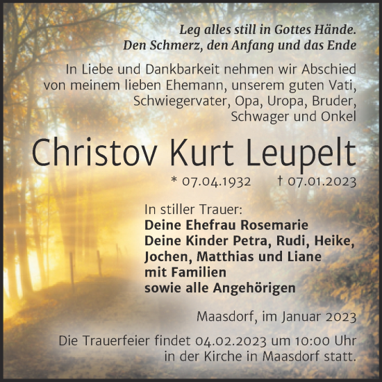 Traueranzeige von Christov Kurt Leupelt von Trauerkombi Köthen
