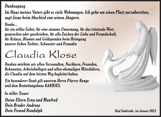 Traueranzeige von Claudia Klose von Trauerkombi Quedlinburg