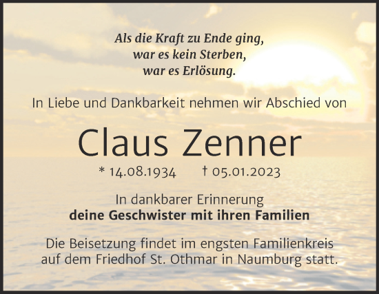 Traueranzeige von Claus Zenner von Wochenspiegel Naumburg/Nebra