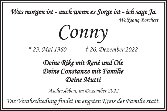 Traueranzeige von Conny  von Trauerkombi Aschersleben