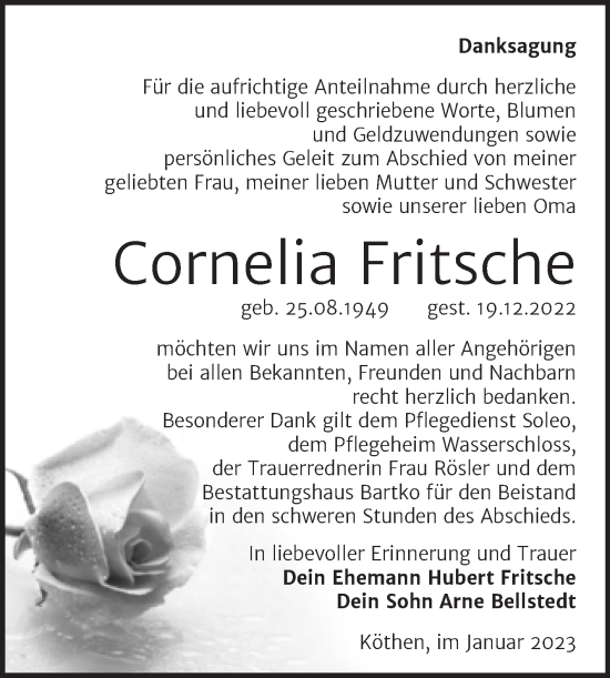 Traueranzeige von Cornelia Fritsche von Trauerkombi Köthen