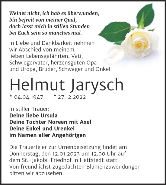 Traueranzeige von Helmut Jarysch von Trauerkombi Mansfelder Land