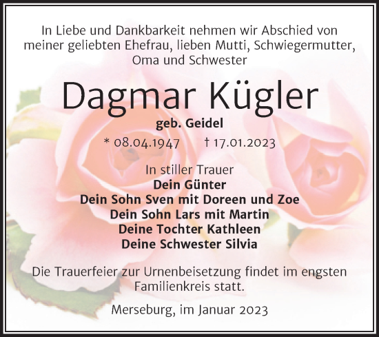 Traueranzeige von Dagmar Kügler von Trauerkombi Merseburg