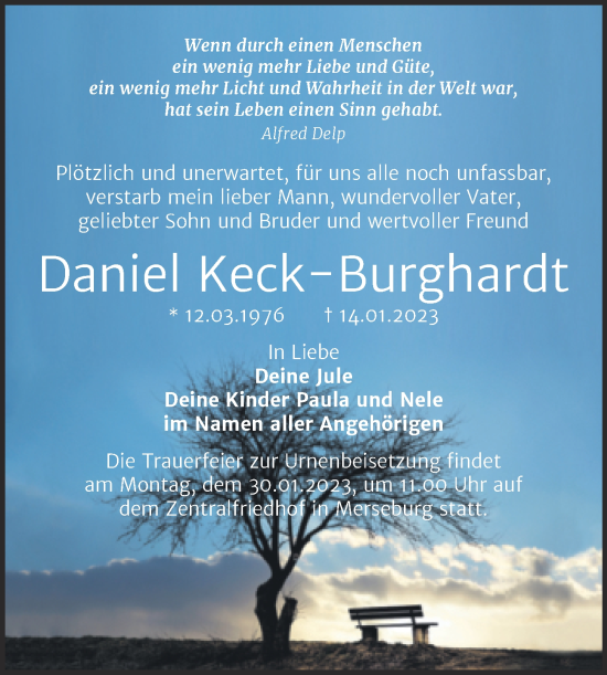 Traueranzeige von Daniel Keck-Burghardt von Trauerkombi Merseburg