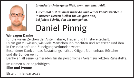 Traueranzeige von Daniel Pinnig von Trauerkombi Wittenberg