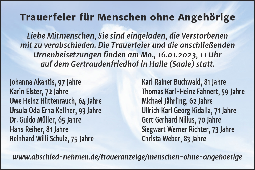  Traueranzeige für Menschen ohne Angehörige  vom 14.01.2023 aus Mitteldeutsche Zeitung Halle/Saalkreis