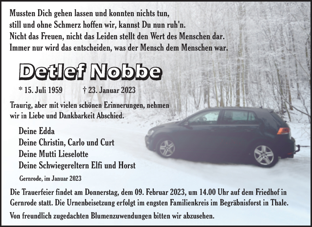  Traueranzeige für Detlef Nobbe vom 28.01.2023 aus Trauerkombi Quedlinburg