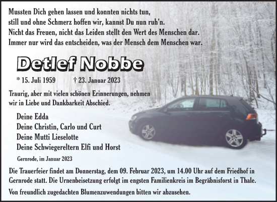 Traueranzeige von Detlef Nobbe von Trauerkombi Quedlinburg