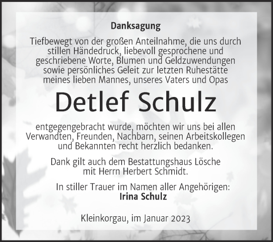 Traueranzeige von Detlef Schulz von Trauerkombi Wittenberg