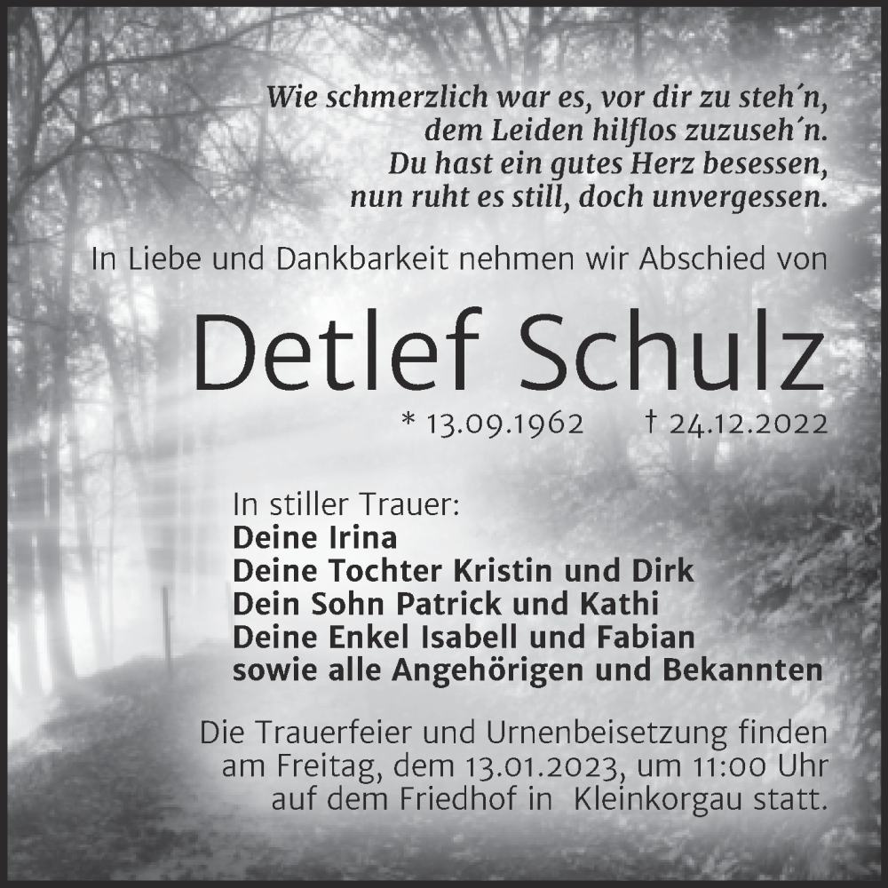  Traueranzeige für Detlef Schulz vom 07.01.2023 aus Trauerkombi Wittenberg