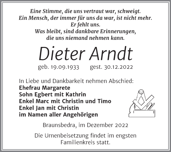 Traueranzeige von Dieter Arndt von Trauerkombi Merseburg
