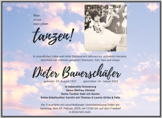 Traueranzeige von Dieter Bauerschäfer von Trauerkombi Bitterfeld
