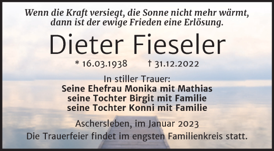 Traueranzeige von Dieter Fieseler von Trauerkombi Aschersleben