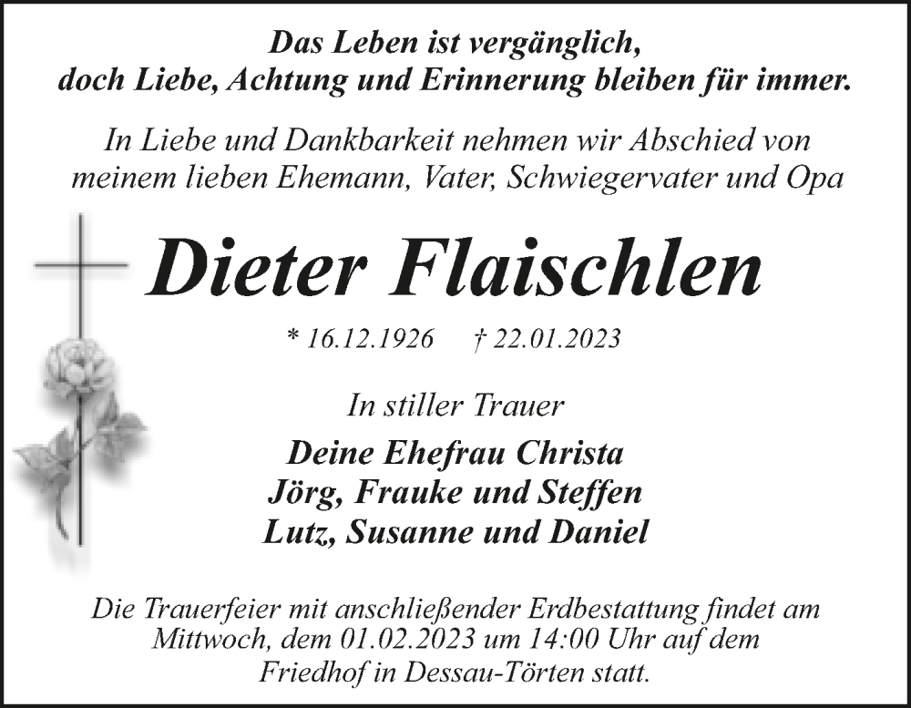  Traueranzeige für Dieter Flaischlen vom 28.01.2023 aus Trauerkombi Dessau