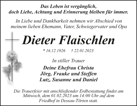 Traueranzeige von Dieter Flaischlen von Trauerkombi Dessau