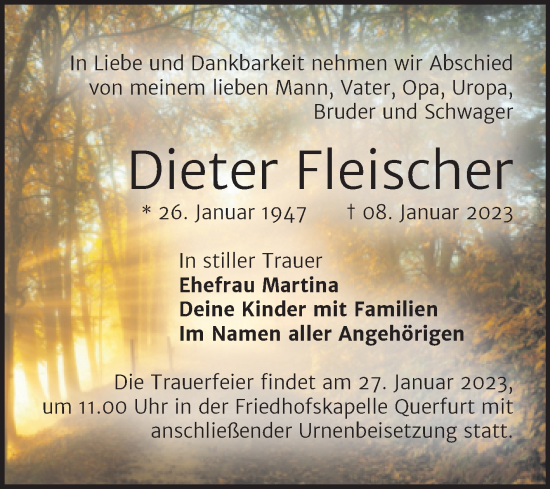 Traueranzeige von Dieter Fleischer von Trauerkombi Merseburg