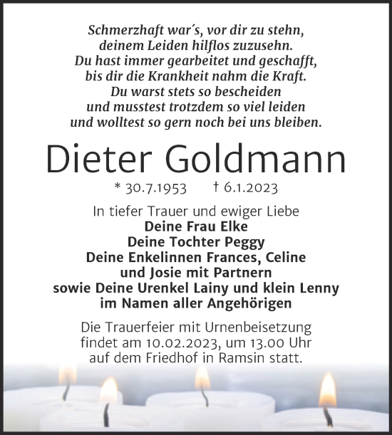 Traueranzeige von Dieter Goldmann von Trauerkombi Bitterfeld