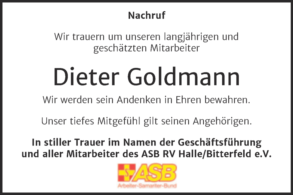  Traueranzeige für Dieter Goldmann vom 18.01.2023 aus Wochenspiegel Bitterfeld