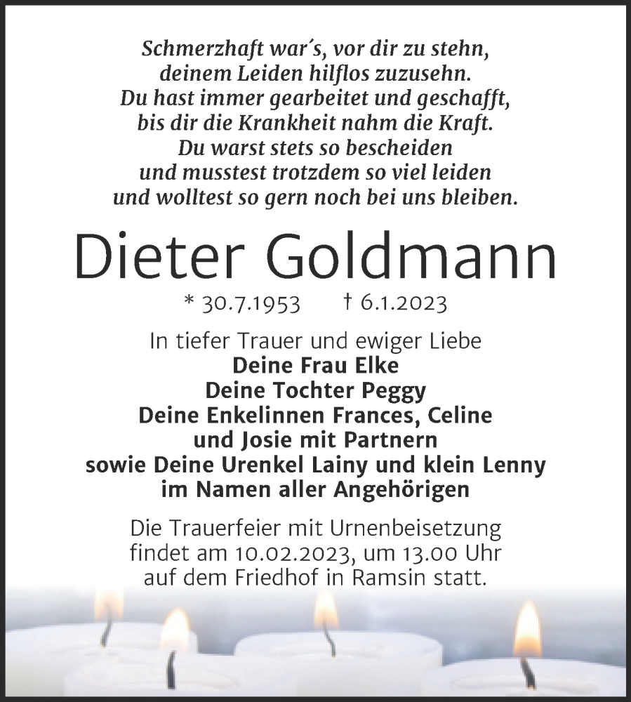  Traueranzeige für Dieter Goldmann vom 18.01.2023 aus Trauerkombi Bitterfeld