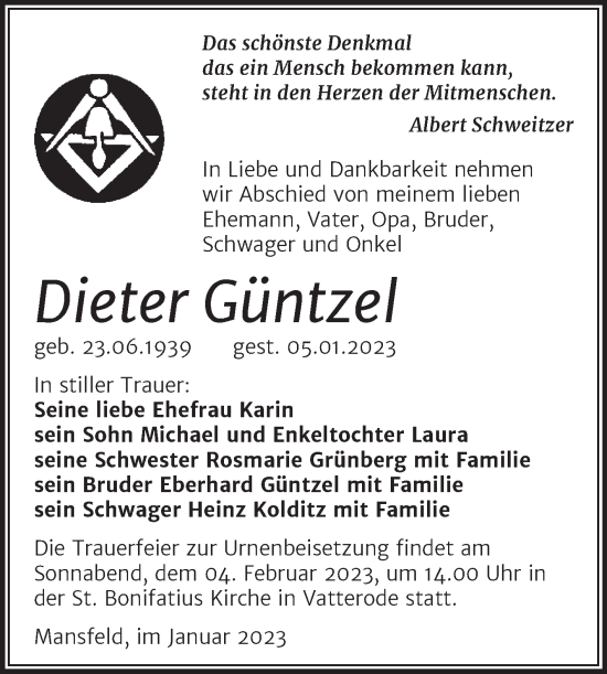 Traueranzeige von Dieter Güntzel von Trauerkombi Mansfelder Land