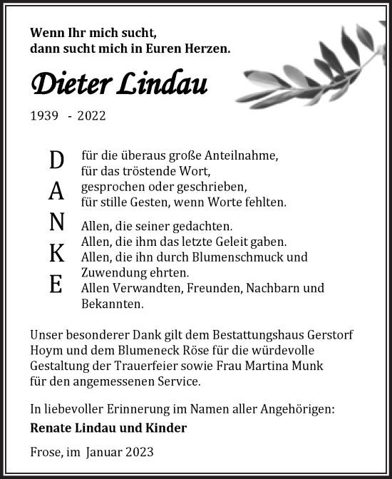Traueranzeige von Dieter Lindau von Trauerkombi Aschersleben