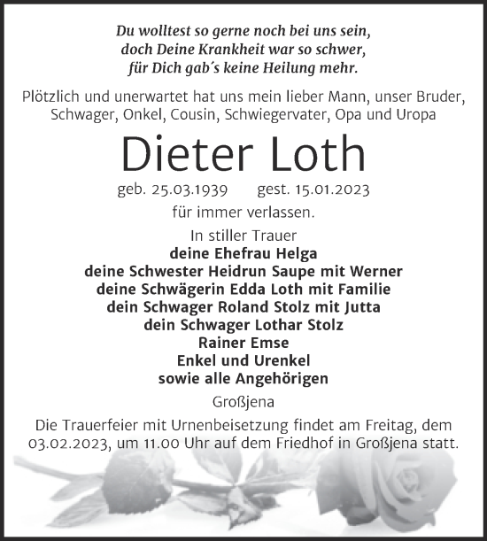 Traueranzeige von Dieter Loth von Naumburger Tageblatt
