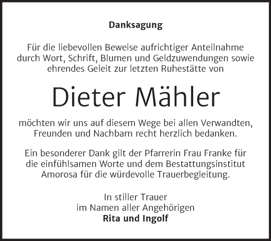 Traueranzeige von Dieter Mähler von Trauerkombi Dessau