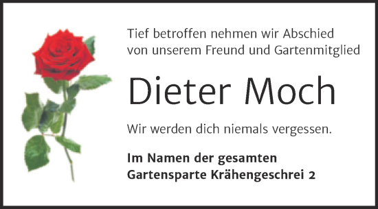 Traueranzeige von Dieter Moch von Trauerkombi Aschersleben