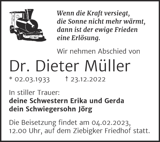 Traueranzeige von Dieter Müller von Trauerkombi Dessau