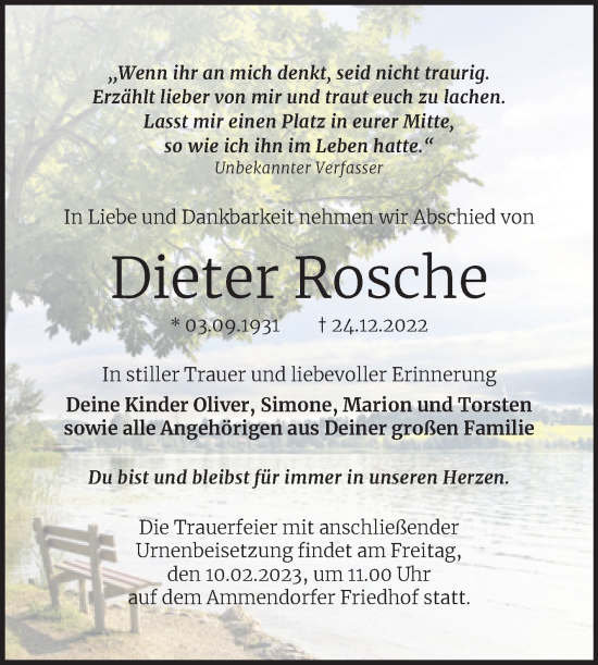 Traueranzeige von Dieter Rosche von Mitteldeutsche Zeitung Halle/Saalkreis