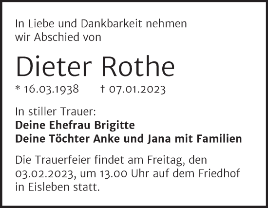 Traueranzeige von Dieter Rothe von Trauerkombi Mansfelder Land