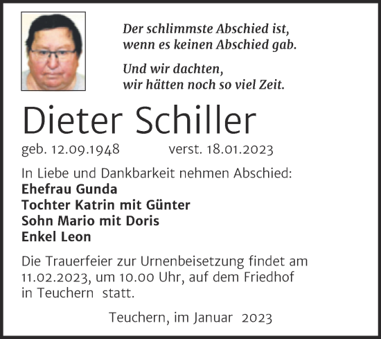 Traueranzeige von Dieter Schiller von Trauerkombi Weißenfels
