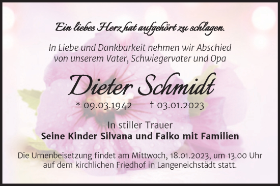 Traueranzeige von Dieter Schmidt von Trauerkombi Merseburg