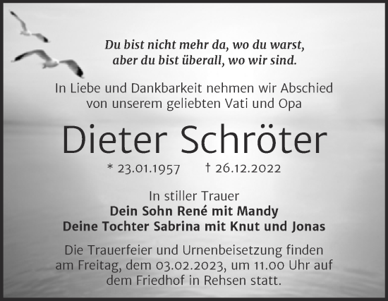 Traueranzeige von Dieter Schröter von Trauerkombi Wittenberg