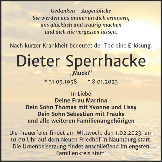 Traueranzeige von Dieter Sperrhacke von Wochenspiegel Naumburg/Nebra