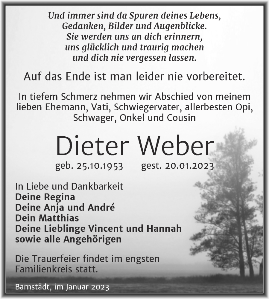  Traueranzeige für Dieter Weber vom 25.01.2023 aus Trauerkombi Merseburg