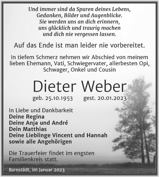 Traueranzeige von Dieter Weber von Trauerkombi Merseburg