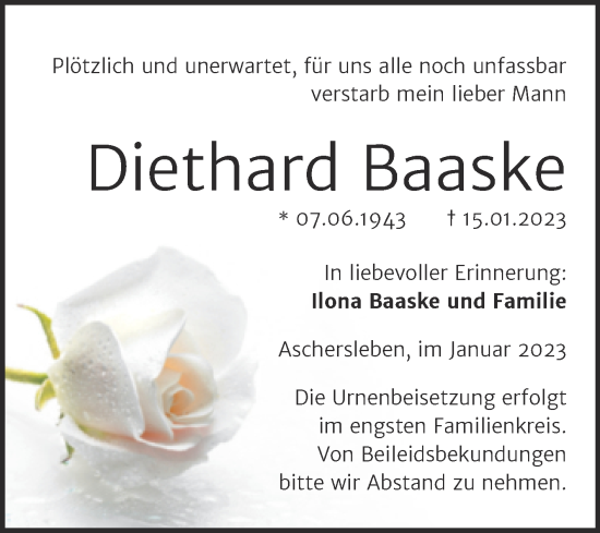 Traueranzeige von Diethard Baaske von Trauerkombi Aschersleben