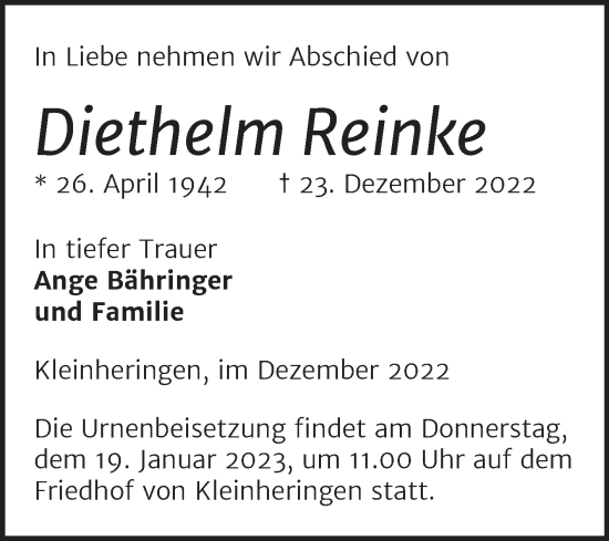 Traueranzeige von Diethelm Reinke von Wochenspiegel Naumburg/Nebra