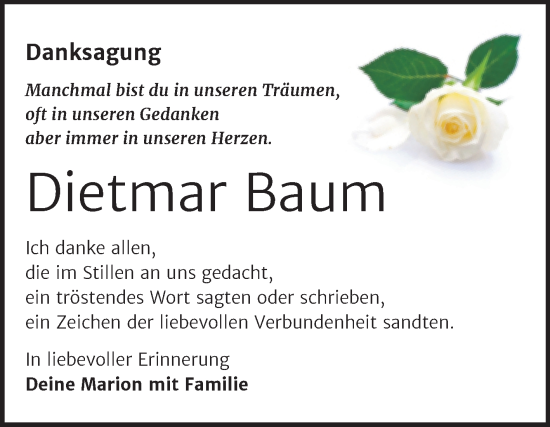 Traueranzeige von Dietmar Baum von Trauerkombi Mansfelder Land
