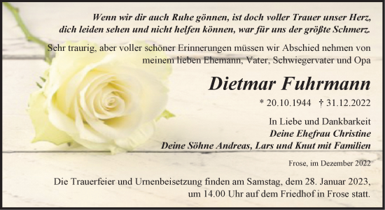 Traueranzeige von Dietmar Fuhrmann von Trauerkombi Aschersleben
