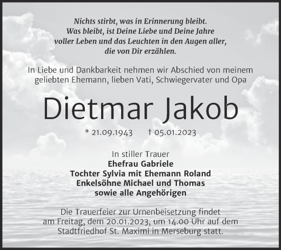 Traueranzeige von Dietmar Jakob von Trauerkombi Merseburg