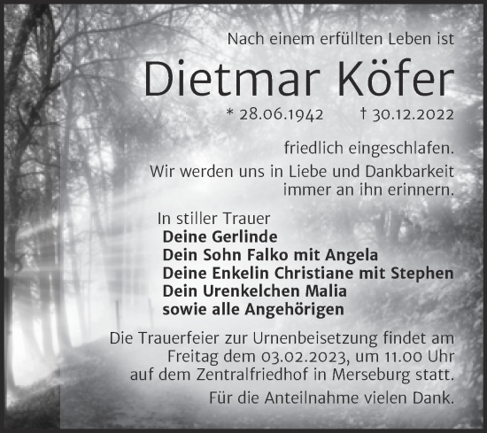 Traueranzeige von Dietmar Köfer von Trauerkombi Merseburg