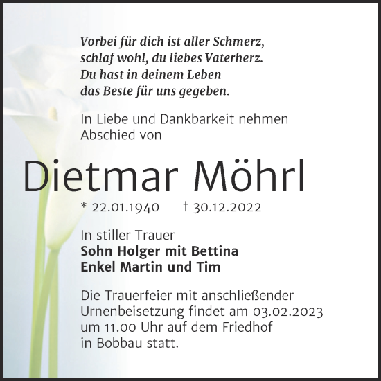 Traueranzeige von Dietmar Möhrl von Trauerkombi Bitterfeld