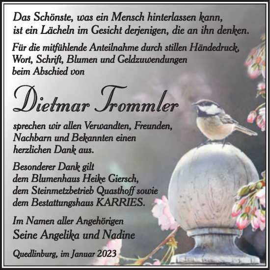 Traueranzeige von Dietmar Trommler von Trauerkombi Quedlinburg