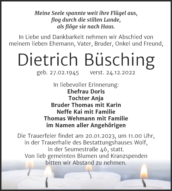 Traueranzeige von Dietrich Büsching von Trauerkombi Weißenfels