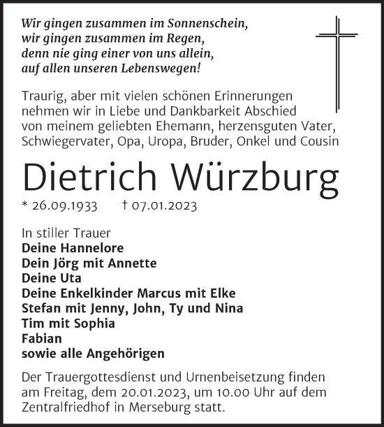 Traueranzeige von Dietrich Würzburg von Trauerkombi Merseburg